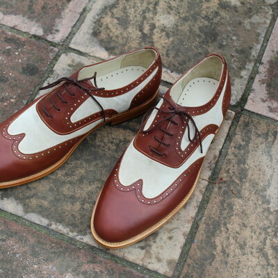 Crafted leather classic brown white suede leather wingtip oxford dress shoes - Thumbnail 4