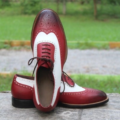 Crafted leather new mens burgundy white leather oxford wingtip shoes - Thumbnail 5