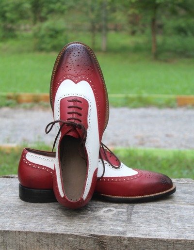 Crafted Leather New Mens Burgundy White Leather Oxford Wingtip Shoes