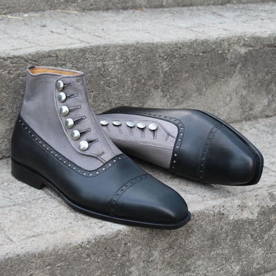 Crafted leather handmade mens ankle high simple and effcient! buttons balmoral dress boot in a black/grey combo. - Thumbnail 5