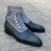 Crafted Leather Handmade Mens Ankle High Simple and Effcient! Buttons Balmoral Dress Boot in a Black/Grey Combo. - Thumbnail 2
