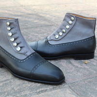 Crafted Leather Handmade Mens Ankle High Simple and Effcient! Buttons Balmoral Dress Boot in a Black/Grey Combo. - Thumbnail 1