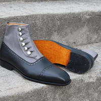 Crafted Leather Handmade Mens Ankle High Simple and Effcient! Buttons Balmoral Dress Boot in a Black/Grey Combo. - Thumbnail 3