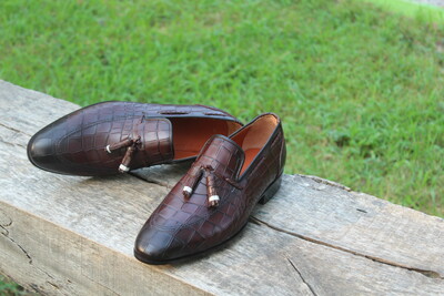 Crafted Leather Men Handmade Burgundy Crocodile Texture Leather Shoes