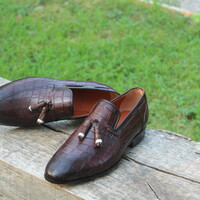 Crafted Leather Men Handmade Burgundy Crocodile Texture Leather Shoes - Thumbnail 2