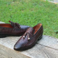 Crafted Leather Men Handmade Burgundy Crocodile Texture Leather Shoes - Thumbnail 1