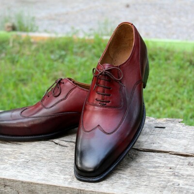 Crafted leather classic men oxford in burgundy black shaded leather dress wingtip shoes - Thumbnail 5