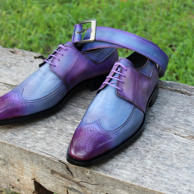 Crafted leather elegant dress oxford in purple patina calf leather lace up wingtip shoes with matching belt - Thumbnail 4