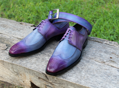 Crafted Leather Elegant Dress Oxford in Purple Patina Calf Leather Lace up Wingtip Shoes with Matching Belt