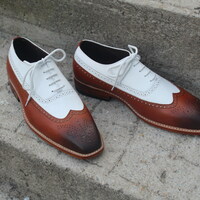 Crafted Leather Classic Brown White Leather Wingtip Oxford Dress Shoes, Men Lace up Formal Shoes - Thumbnail 3
