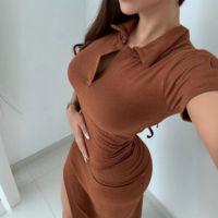 Women's V-neck Mesh Splicing Short Sleeve Dress - Thumbnail 2