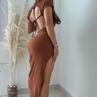 Women's V-neck Mesh Splicing Short Sleeve Dress - Thumbnail 3