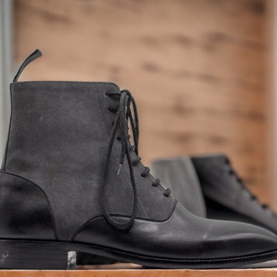 Handmade ankle high black grey leather suede lace up boot for men's - Thumbnail 1