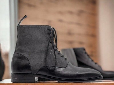 Handmade Ankle High Black Grey Leather Suede Lace Up Boot For Men's