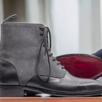 Handmade Ankle High Black Grey Leather Suede Lace Up Boot For Men's - Thumbnail 2