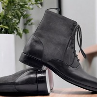 Handmade Ankle High Black Grey Leather Suede Lace Up Boot For Men's - Thumbnail 1