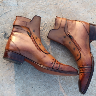 Crafted leather classic dress shoes brown leather ankle high jodhpur buckle boot with zipper and button - Thumbnail 5