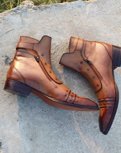 Crafted Leather Classic Dress Shoes Brown Leather Ankle High Jodhpur Buckle Boot with Zipper and Button