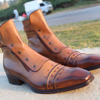 Crafted Leather Classic Dress Shoes Brown Leather Ankle High Jodhpur Buckle Boot with Zipper and Button - Thumbnail 3