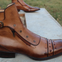 Crafted Leather Classic Dress Shoes Brown Leather Ankle High Jodhpur Buckle Boot with Zipper and Button - Thumbnail 4