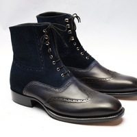 Crafted Leather Classic Dress Shoes Black Calf Dark Blue Suede Ankle High Wingtip Boot - Thumbnail 4