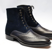 Crafted Leather Classic Dress Shoes Black Calf Dark Blue Suede Ankle High Wingtip Boot - Thumbnail 5