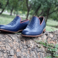 Crafted Leather Classic Blue Ostrich Leather Moccasin Loafers Dress Shoes - Thumbnail 1