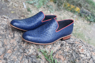 Crafted Leather Classic Blue Ostrich Leather Moccasin Loafers Dress Shoes