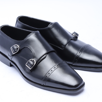 Crafted leather classic black calf leather monk strap dress shoes - Thumbnail 3