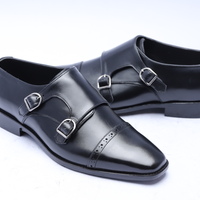 Crafted Leather Classic Black Calf Leather Monk Strap Dress Shoes - Thumbnail 1