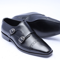 Crafted Leather Classic Black Calf Leather Monk Strap Dress Shoes - Thumbnail 3