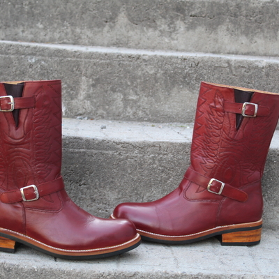 Crafted leather classic handmade burgundy leather ankle high strap cowboy boot