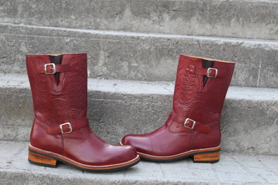 Crafted Leather Classic Handmade Burgundy Leather Ankle High Strap Cowboy Boot