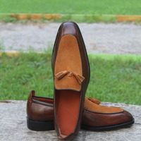 Crafted Leather Superior Two Tone Brown Suede Leather Tassel Loafer Slip On Men Shoes - Thumbnail 1