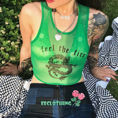 (no refund and exchange)sexy dragon print mesh openwork sleeveless vest