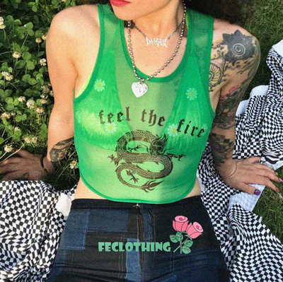 (NO REFUND AND EXCHANGE)Sexy dragon print mesh openwork sleeveless vest