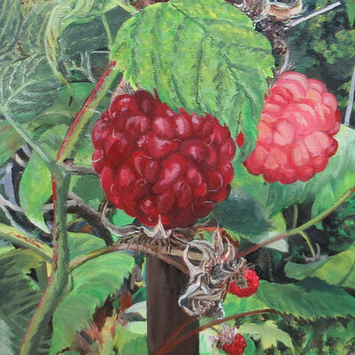 "raspberries" acrylic painting on 11 x 14 inch stretched canvas, original artwork by n.e.thompson