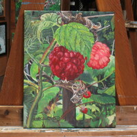 "Raspberries" Acrylic painting on 11 x 14 inch stretched canvas, Original artwork by N.E.Thompson - Thumbnail 1