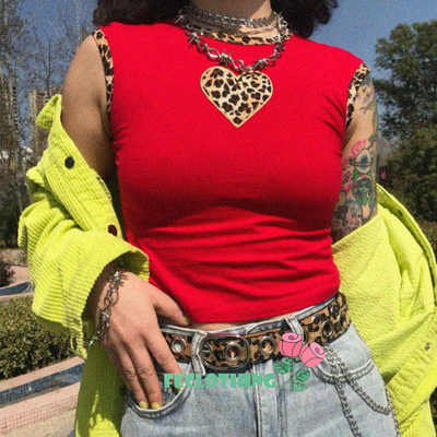 (no refund and exchange)vintage love leopard stitching t-shirt