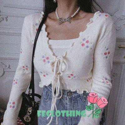 (no refund and exchange)vintage heavy industry embroidery lace-up v-neck soft sister b-knit cardigan