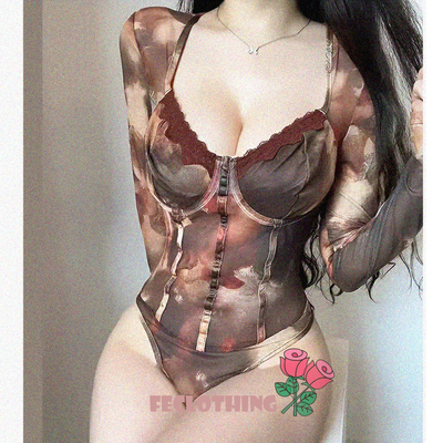 Retro style mesh printed lace long sleeve underwire fishbone square neck slim fit waist jumpsuit - Thumbnail 1