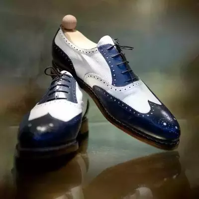 Handmade Men's Blue & White Brogue Leather Wingtip Lace Up Oxford Dress Shoes