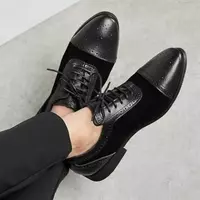 Handmade Men's Black Cowhide Leather & Suede Cap Toe Oxford Lace Up Dress Shoes - Thumbnail 2