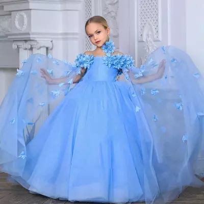 Blue flower girl dresses for wedding with floral tulle off shoulder kid birthday party first communion christmas ball gown