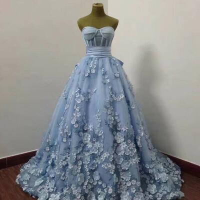 Sweetheart blue tulle long party dress with flowers