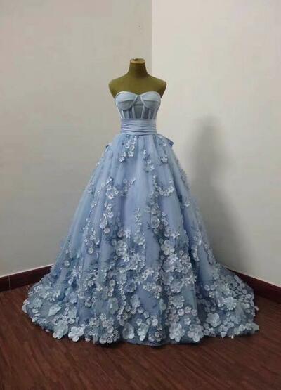 Sweetheart Blue Tulle Long Party Dress with Flowers