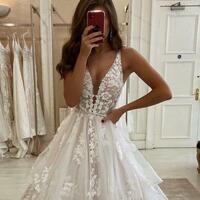Charming Ivory sleeveless v-neck applique ruffles wedding dress - Thumbnail 1