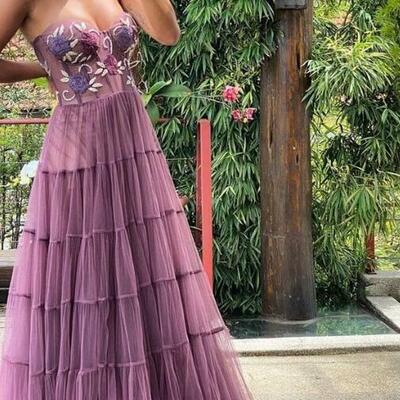 Gorgeous a line embroidery purple tulle prom dresses - Thumbnail 5