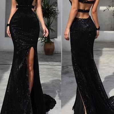 Mermaid long backless black sequin side slit prom dresses  - Thumbnail 3