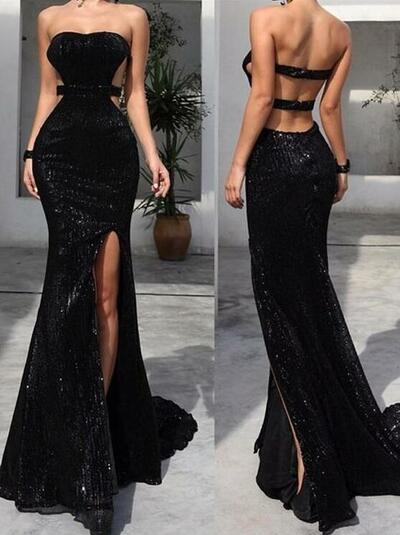 Mermaid Long Backless Black Sequin Side Slit Prom Dresses 